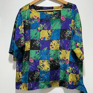 Vintage Darina Hawaii Blouse Geometric Tie Bottom Edge Women’s